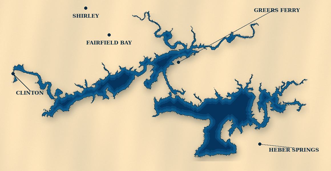 Map of Greers Ferry Lake showing Clinton, Fairfield Bay, Shirley, Greers Ferry, and Heber Springs.
