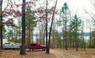 Actual wooded Bay Shore Estates property in winter, looking toward Greers Ferry Lake